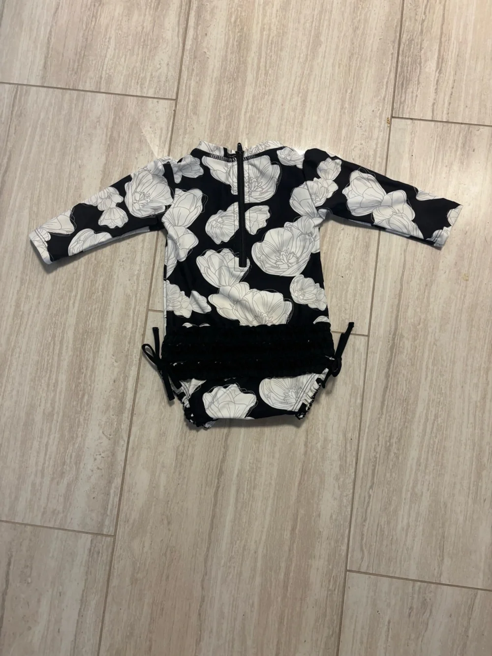 Ruffle Butts Baby Girl Black And White Floral Swim Suit Size 6-12 Months